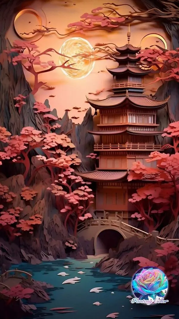 Ngôi chùa đỏ giữa lá thu, mây tím nhẹ, nền tối sâu, không khí cổ tích và ấm