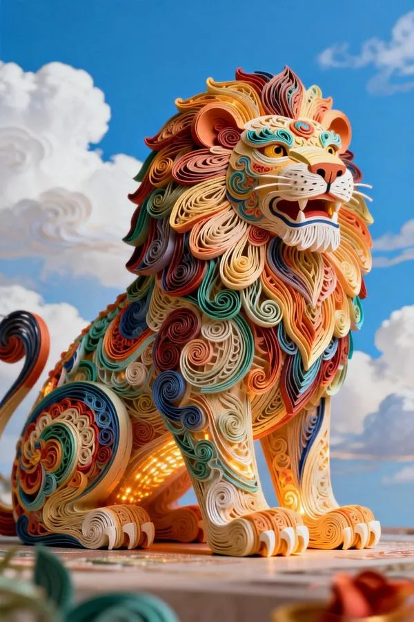 Hình nền điện thoại tượng sư tử ngũ sắc, vân xoáy nổi, trời xanh rộng, cảm giác vui mạnh