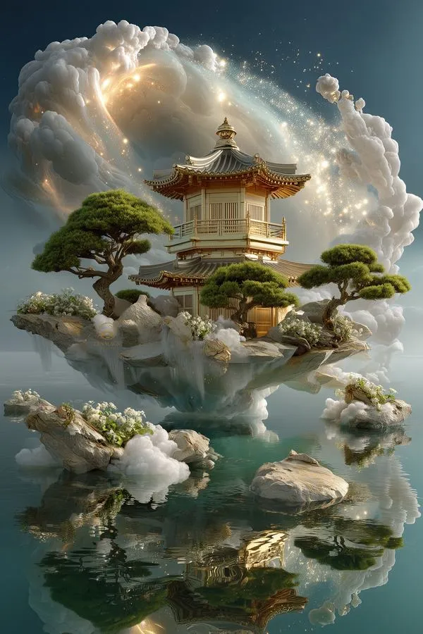 Ảnh nền đảo bay có chùa, mây dày và nắng xuyên, phối cảnh sâu, rất mơ màng