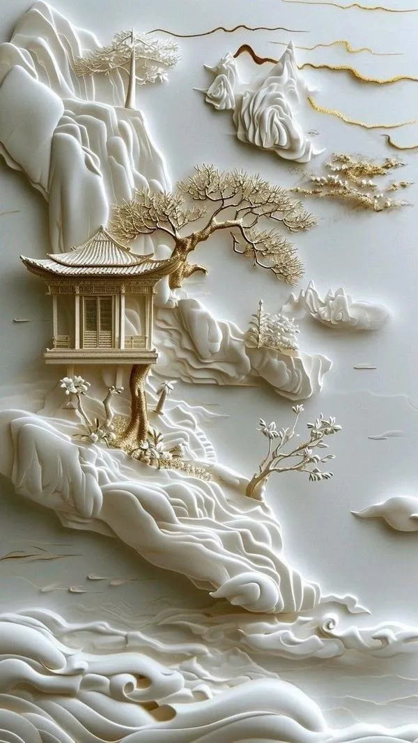 Phù điêu trắng kem cảnh núi và nhà gỗ, đường nét mềm, cảm giác tĩnh lặng