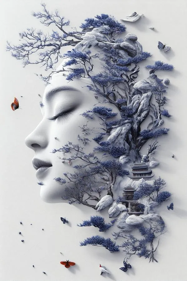 Gương mặt thiếu nữ thủy mặc xanh, tóc hóa hoa lá, nét mảnh, cảm giác lạnh và nghệ