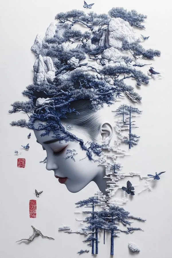 Chân dung nghiêng với tóc hóa núi rừng mực xanh, điểm đỏ nhỏ, rất thơ