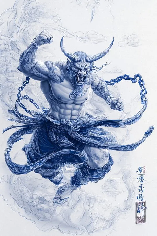 Wallpaper trâu mực xanh cuộn khói, quả cầu sáng giữa ngực, vẻ bền bỉ và lạnh