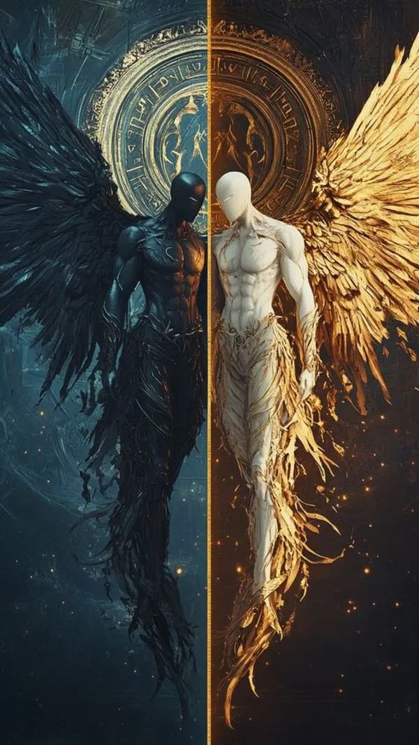 Hình nền điện thoại đôi cánh thiên thần chia nửa vàng đen, ánh sáng gắt, cực ngầu