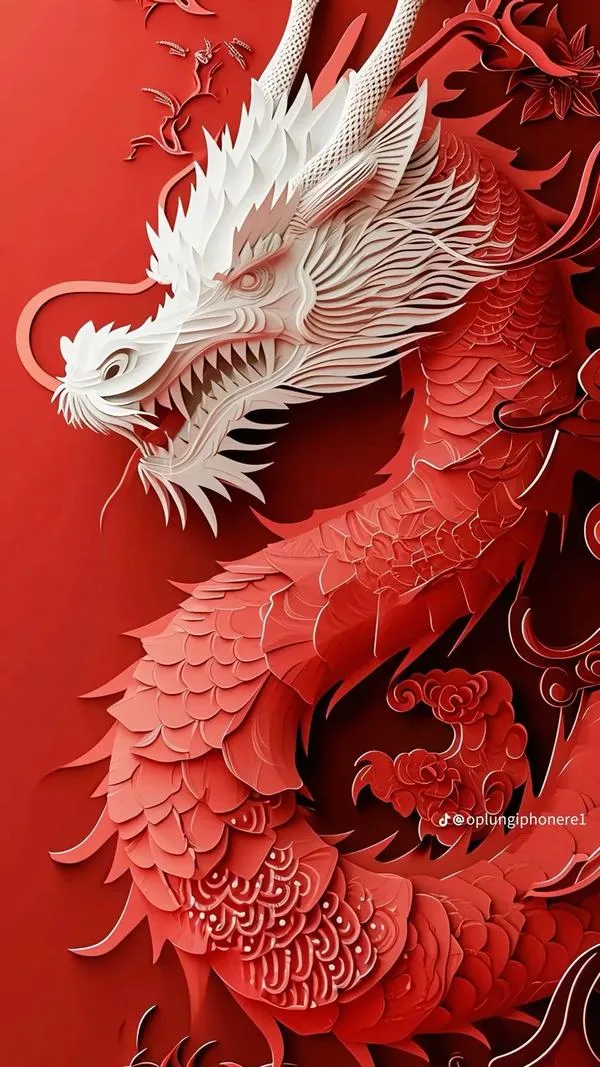 Ảnh màn hình chờ rồng trắng trên nền đỏ, vảy nổi sắc, ánh viền mạnh, nhìn rất chất