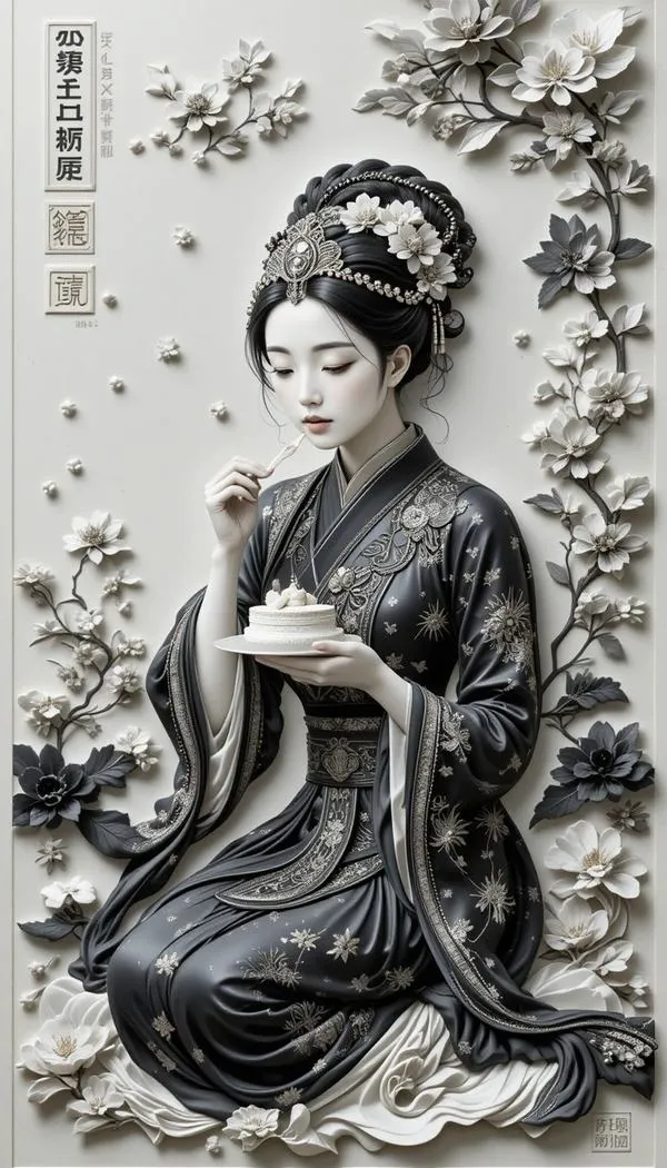 Thiếu nữ áo cổ trang đen trắng, nền hoa lá mực, bố cục gọn, cảm giác tĩnh và sang
