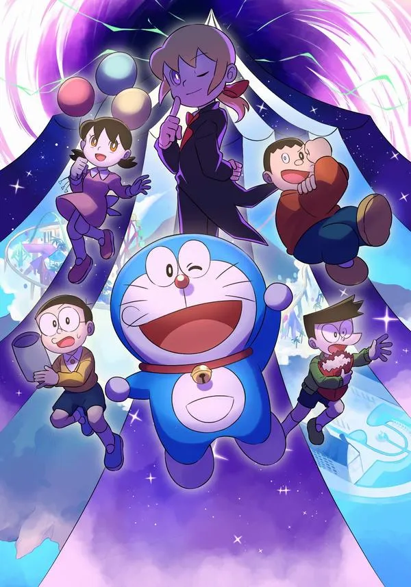 Hình nền Doraemon cùng nhóm bạn, nhắc sứ mệnh dòng họ Nobi, tông xanh lam vững và ấm