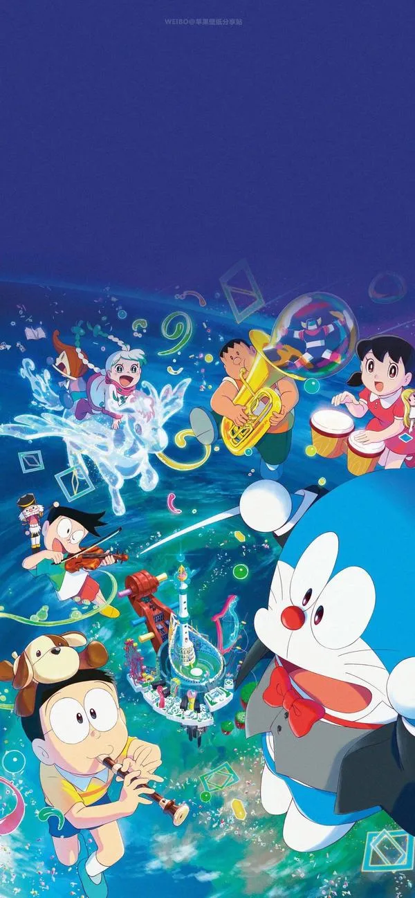 Hình 4K Doremon lạc vào thế giới biển sâu, ánh xanh huyền ảo, chi tiết vừa đủ không rối mắt