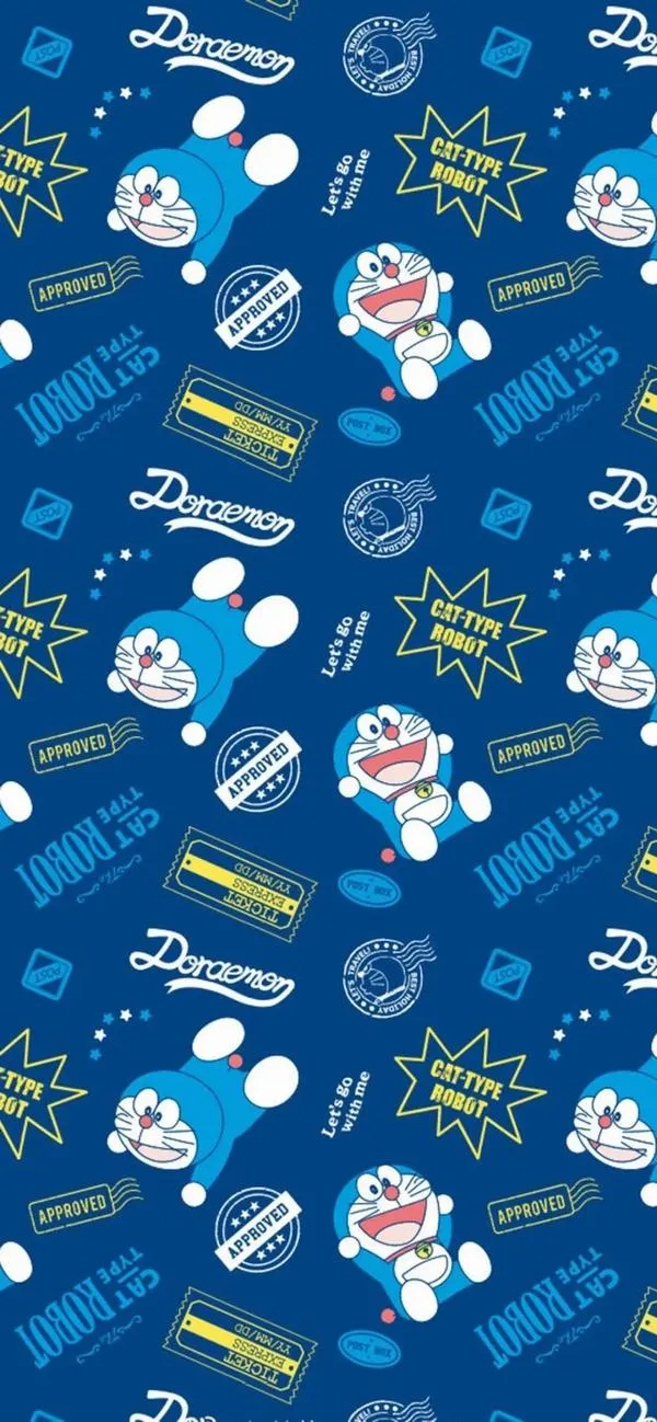 Hình nền điện thoại Đô Rê Mon họa tiết đồ vật tương lai, tông xanh đậm, chừa khoảng trống icon gọn