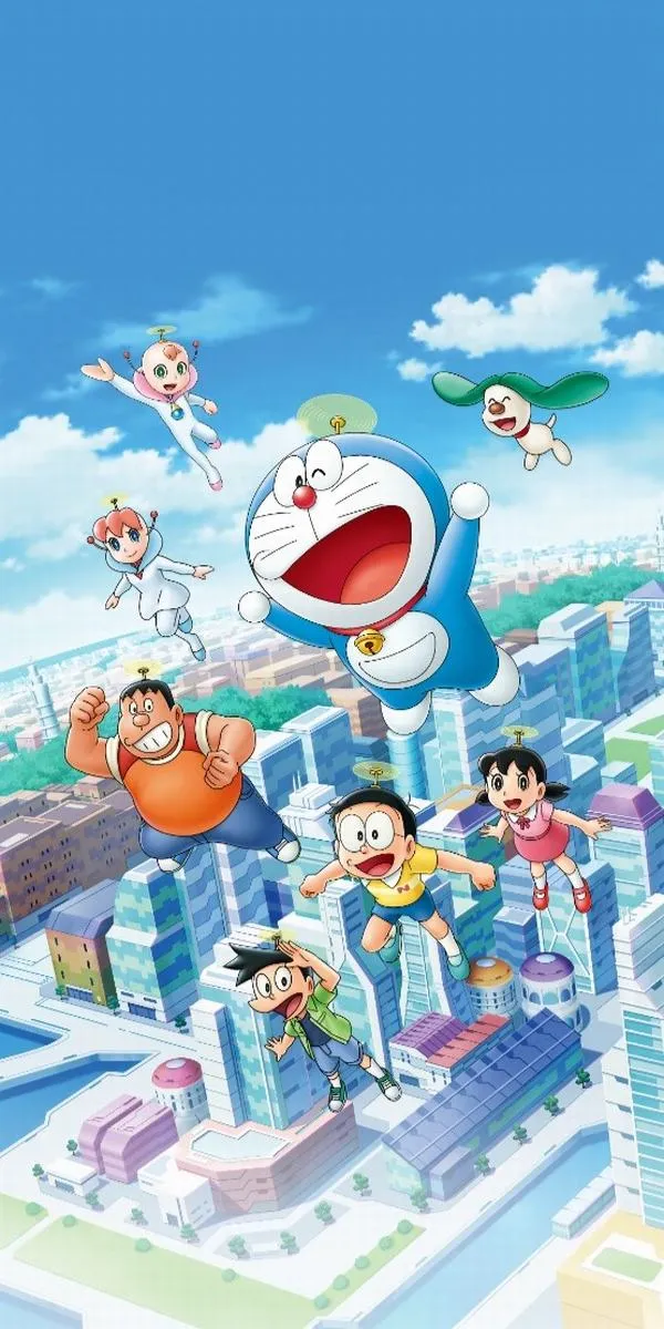 Ảnh đẹp Doraemon cùng bạn bè trên nền trời xanh, bố cục dọc, chừa chỗ icon, nhìn vui mà gọn