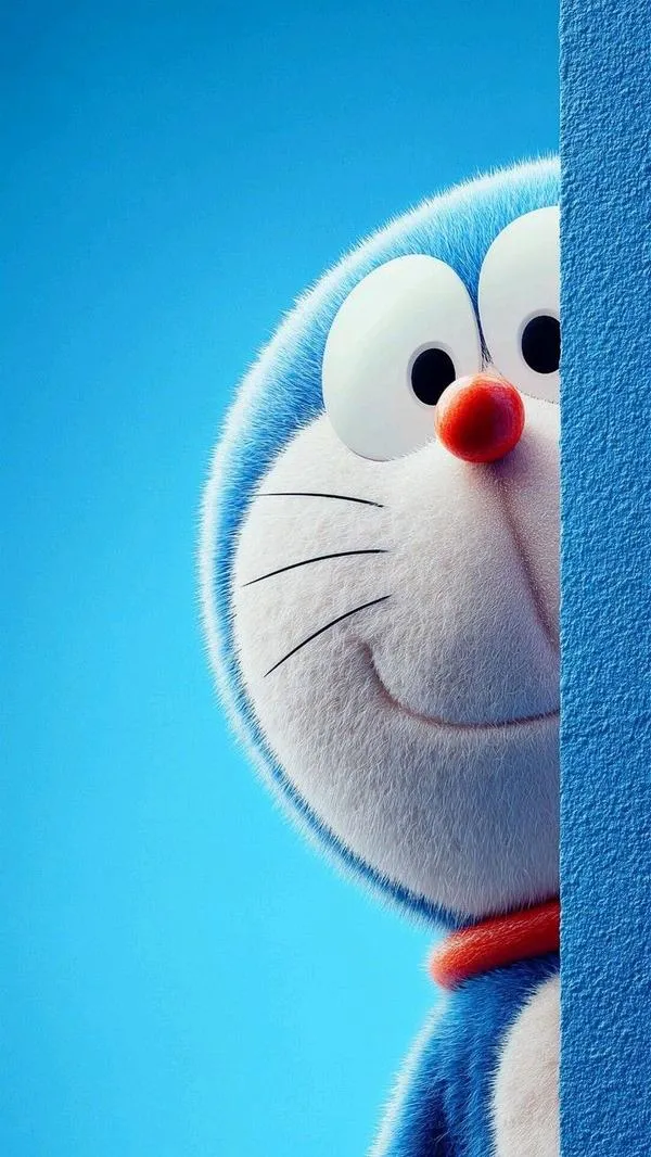 Ảnh 4K Đô Rê Mon cận mặt trên nền xanh lam trơn, tối giản, icon nổi bật, nhìn rất sạch