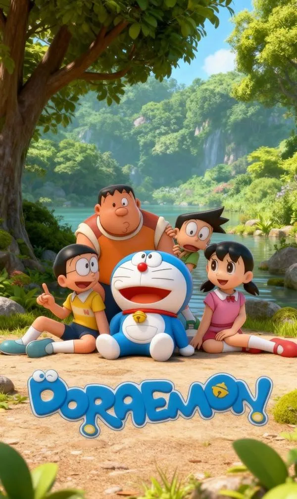 Ảnh bìa Doraemon cả nhóm dưới gốc cây lớn, màu xanh mát, cảm giác đồng hành và tuổi thơ