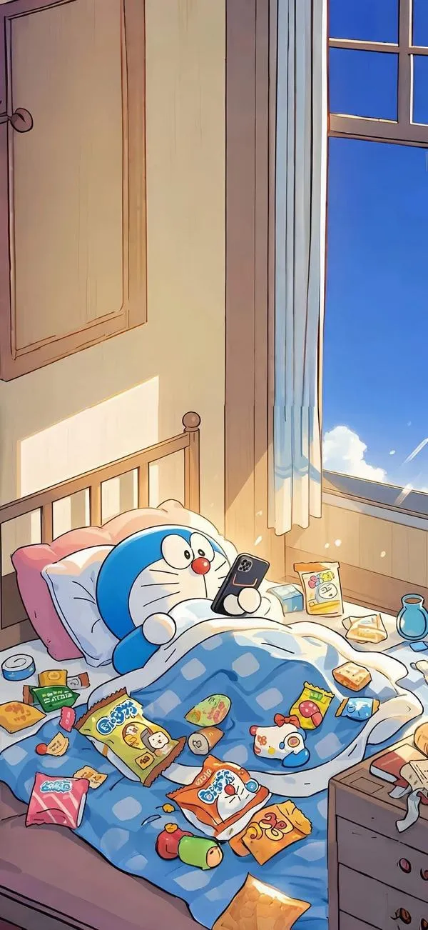 Ảnh đẹp Dora ngủ trong phòng ấm áp, đồ chơi và túi thần kỳ quanh giường, tạo mood bình yên