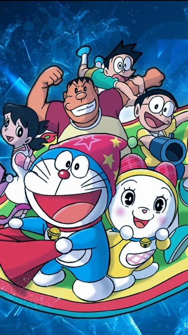 Ảnh anime Doraemon cùng hội bạn lướt vui trên phao, màu rực rỡ, bố cục trung tâm rất nổi