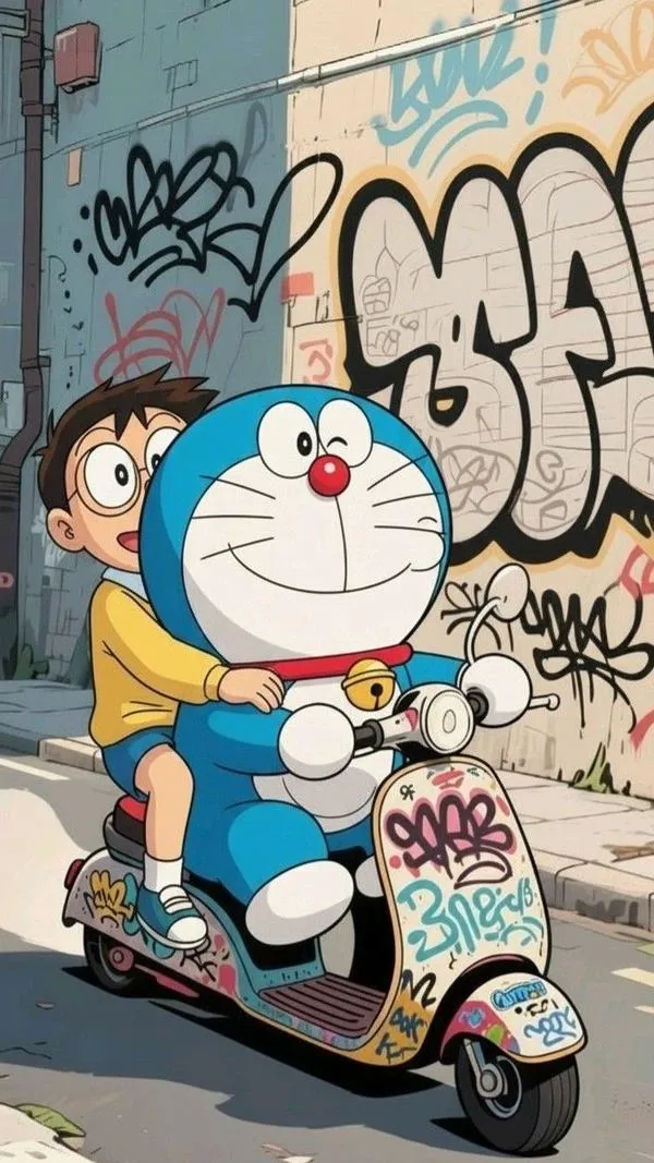 Ảnh nền Doremon chạy scooter góc phố graffiti, tông xám xanh cá tính, hợp màn hình chính phong cách đường phố