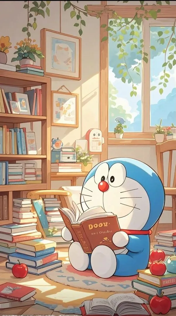 Ảnh anime Doremon cùng Nobita chạy giữa pháo hoa, canh lề icon chuẩn, tránh che tai thỏ thông báo