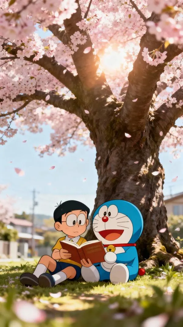 Hình nền Doraemon kiểu họa tiết, túi thần kỳ bốn chiều làm điểm nhấn, hợp đặt cạnh dock ứng dụng