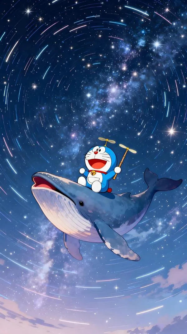 Hình ngầu Đô Rê Mon đu cành cao, nền trơn thoáng, chừa chỗ thanh trạng thái không bị rối