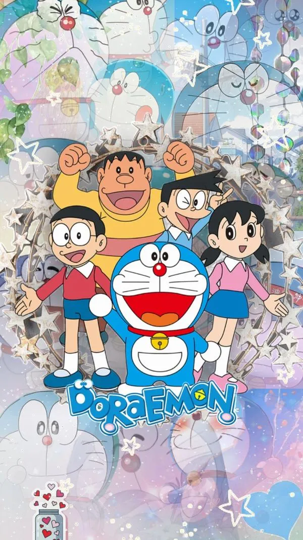 Ảnh anime Doremon và bạn bè phong cách cổ tích, tông xanh trắng, nhìn sạch sẽ cho màn hình khóa