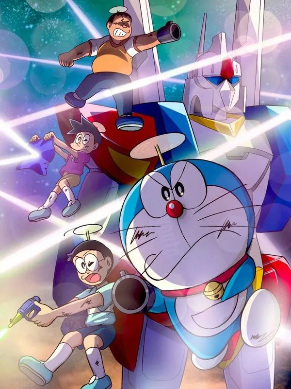 Ảnh bìa Doraemon dưới gốc cây, Nobita cười tươi, viền nổi mỏng tạo cảm giác gọn gàng