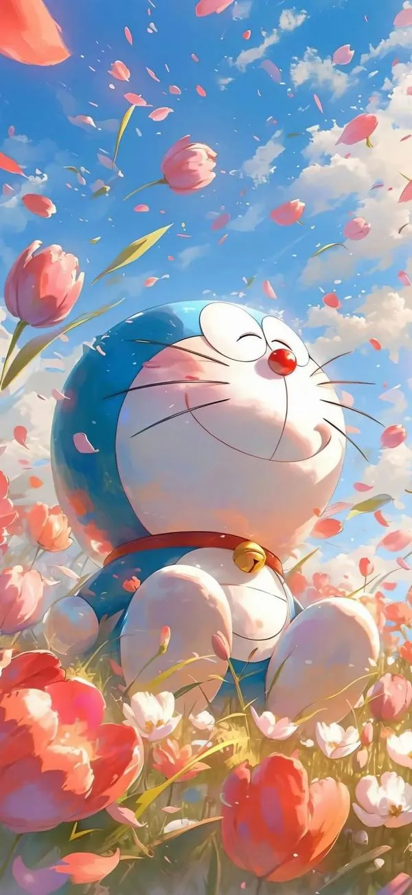 Hình 4K Doraemon giữa đồng hoa, màu vàng gốc gợi chuyện cũ, nét mịn nhìn lạ mắt