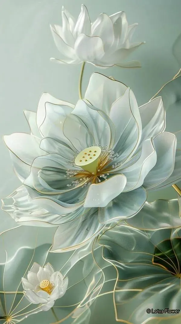 Hình nền điện thoại hoa sen 3D, mặt nước phản chiếu, sương mờ, chiều sâu thị giác rõ