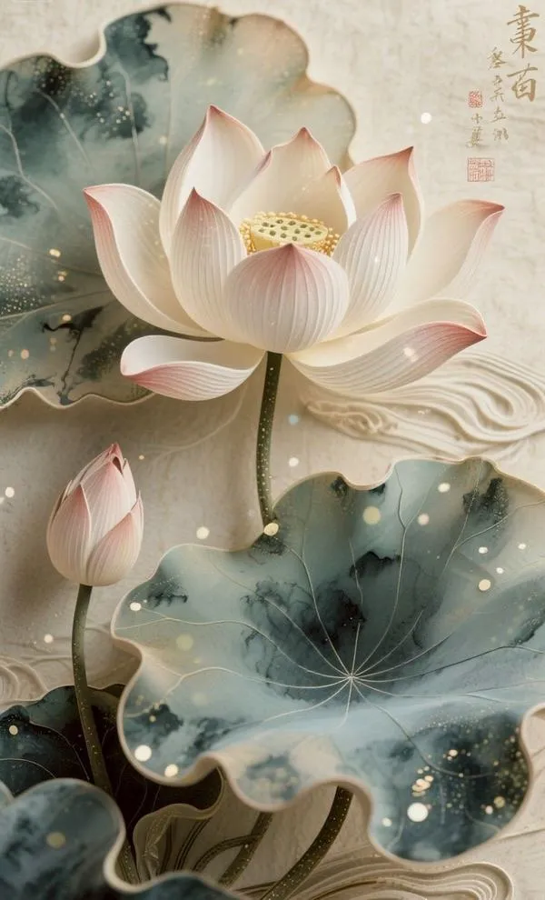 Wallpaper hoa sen siêu thực tông vàng kim, tia sáng xuyên cánh, sương mù mỏng hậu cảnh