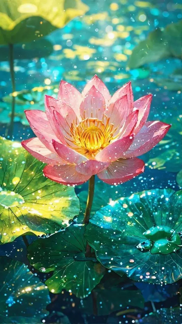 Hình nền điện thoại hoa sen chiều sâu, lớp cánh xếp tầng, phản chiếu nước êm dịu