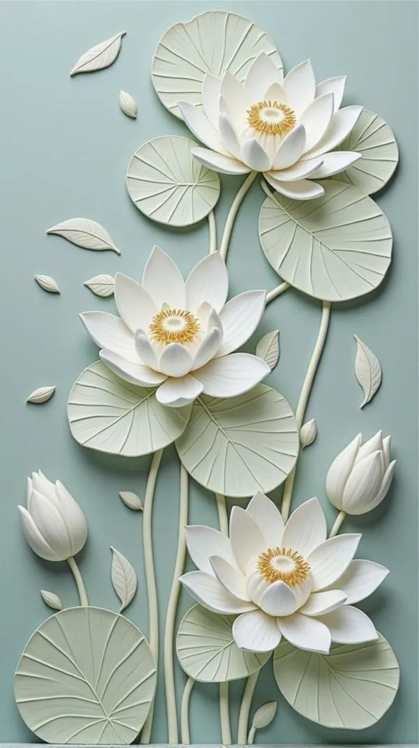 Hình nền điện thoại hoa sen 3D, lá sen có lớp phấn mịn, giọt sương lóe sáng tinh