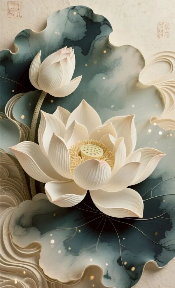 Màn hình khóa hoa sen siêu thực, cánh bán trong, bụi sáng nhẹ, nền tối sâu vừa