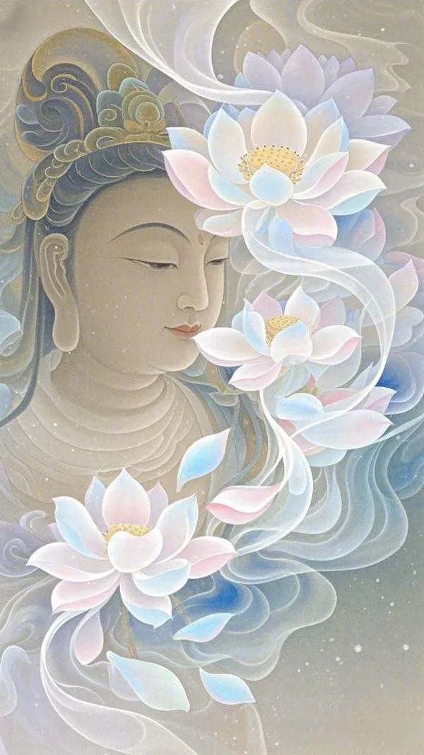 Ảnh nền sen thủy mặc kèm vài dòng kinh kệ, mực loang nhẹ, khoảng trống nhiều, dễ thở.