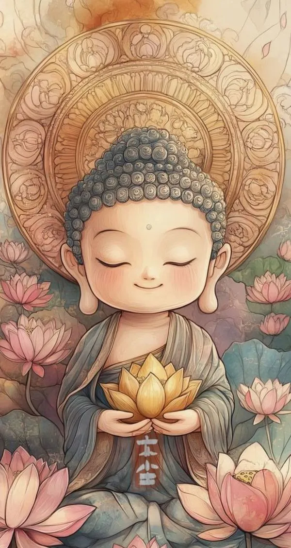 Ảnh nền Phật chibi nhỏ nâng hoa sen, nền be hồng nhẹ, cảm giác trong trẻo và chữa lành.
