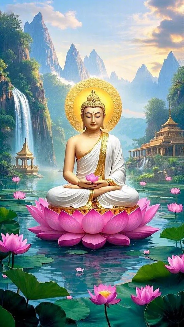 Hình nền điện thoại Phật ngồi đài sen giữa hồ, núi xa và ánh sáng dịu, an yên.