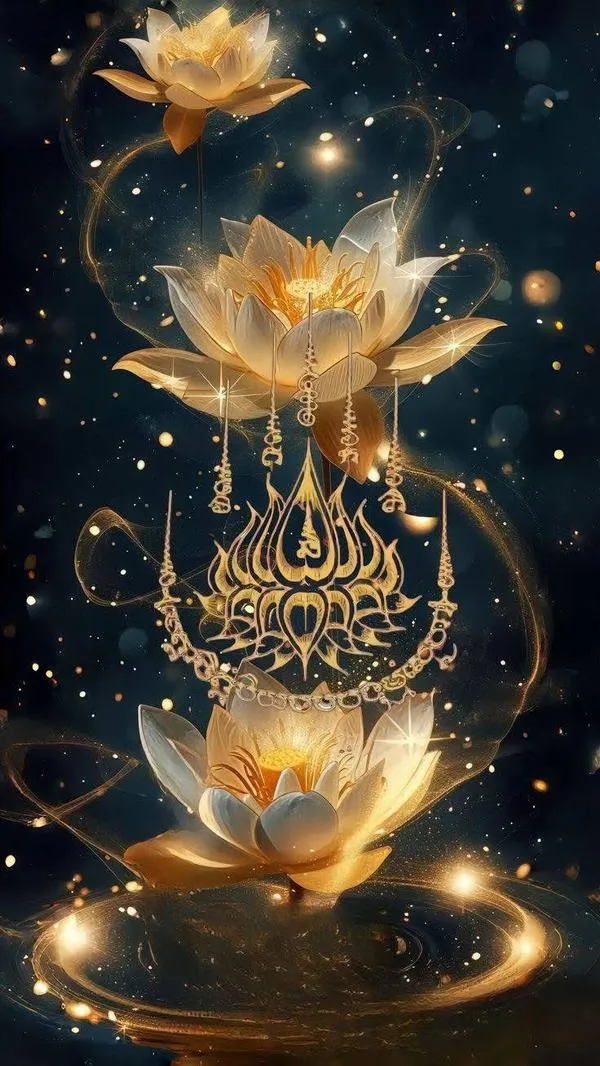 Ảnh nền hoa sen ánh vàng trên nền tối, đốm sáng như hương khói, cảm giác trang nghiêm.