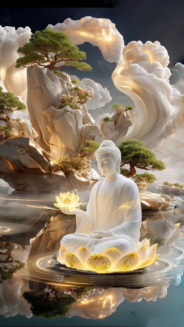 Màn hình khóa Phật trắng ngồi đài sen cạnh thác nước, sương mỏng bao quanh, rất mát lành.