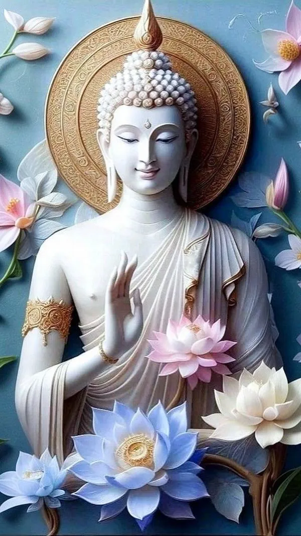 Ảnh nền Phật 3D cầm hoa sen xanh, nền sáng sạch mắt, điểm xuyết cánh hoa, tinh khiết.