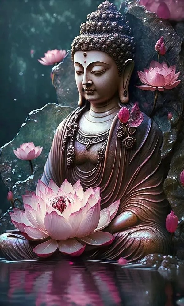 Hình nền điện thoại 4K tượng Phật nâu trầm bên sen hồng, ánh sáng thấp, cảm giác vững chãi.