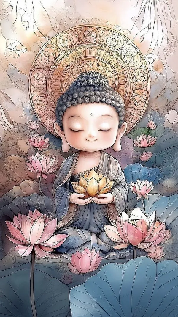 Ảnh nền Phật chibi ôm hoa sen hồng giữa sương nhẹ, tông pastel gợi thanh tịnh, từ bi.