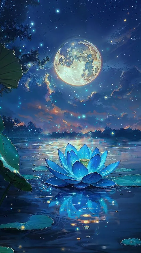 Hình nền đêm trăng với hoa sen xanh phát sáng trên mặt nước, không khí thiền tĩnh.