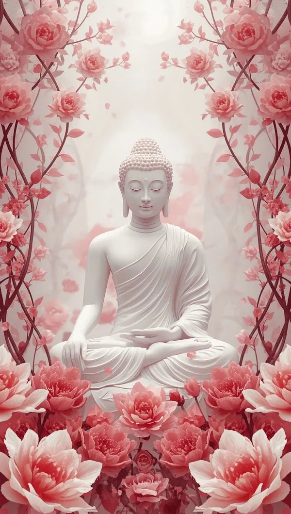 Ảnh nền Phật trắng mờ giữa nền hoa đỏ, sen nở nhẹ nhàng, gợi sự thanh tịnh.