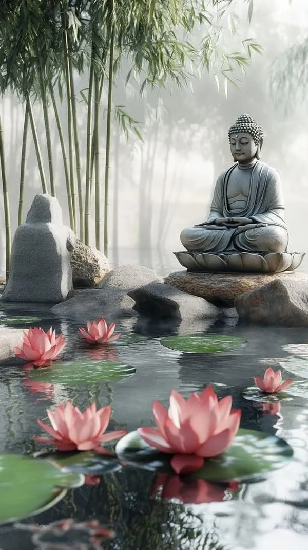 Hình nền sen thiền cảnh tĩnh tọa bên hồ, tre và sương phủ, cảm giác lắng dịu.