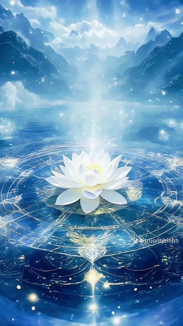 Ảnh nền hoa sen trắng giữa luồng sáng xanh, nước gợn nhẹ, tạo điểm tập trung chánh niệm.