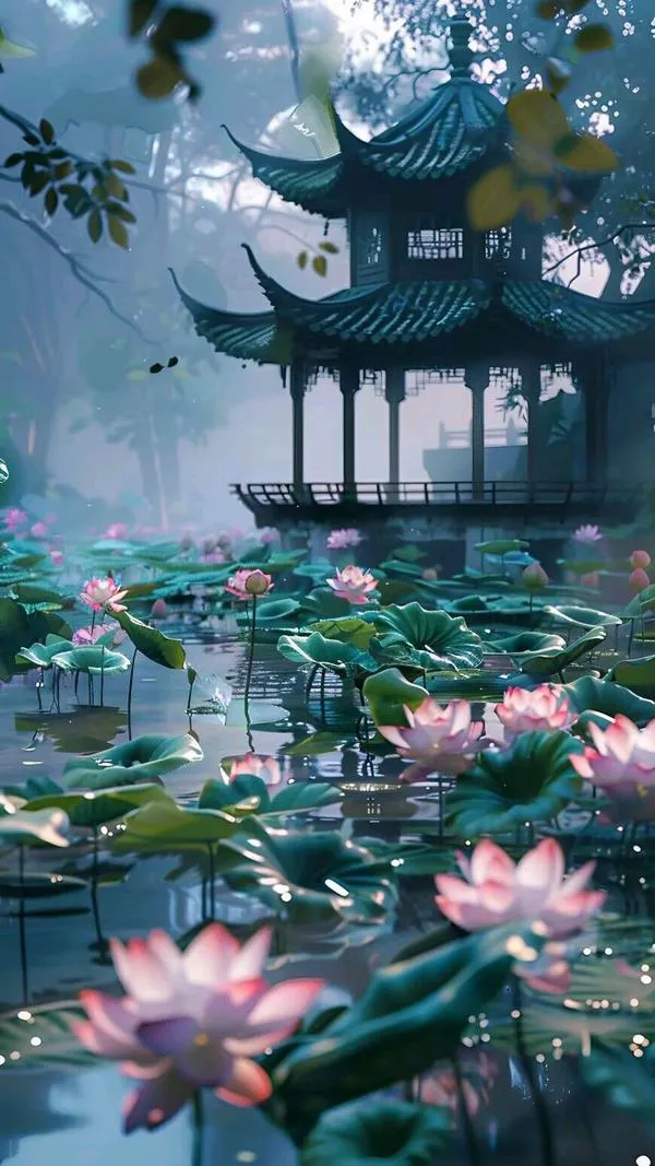 Hình nền hồ sen với mái chùa xa, lá sen dày và sương mỏng, hợp không gian thiền.