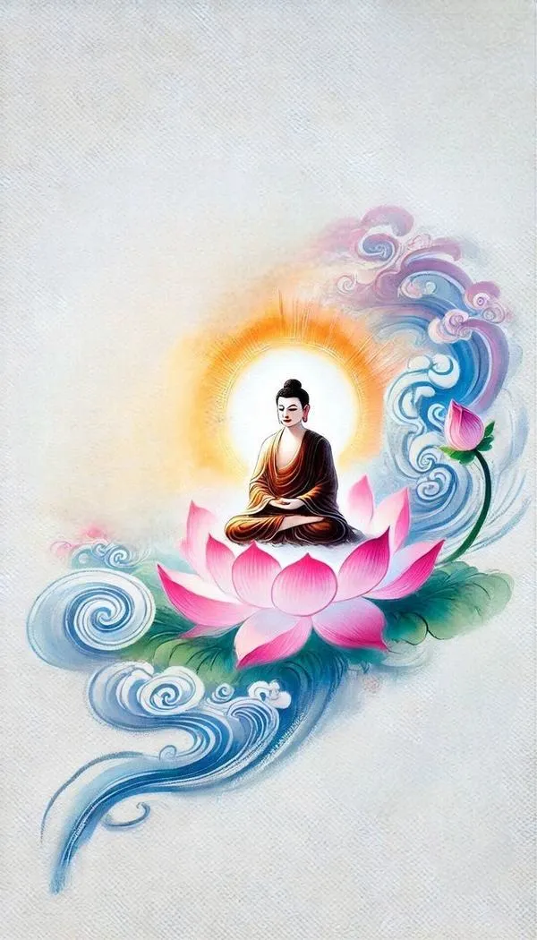 Ảnh nền tối giản Bồ Tát ngồi trên sen hồng, mây cuộn quanh, cảm giác an trú dịu.