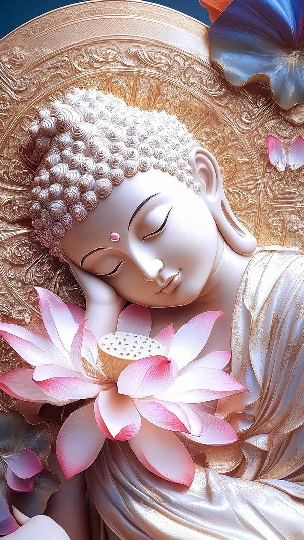 Hình nền điện thoại 3D gương mặt Phật an nhiên bên hoa sen, ánh hào quang vàng dịu.