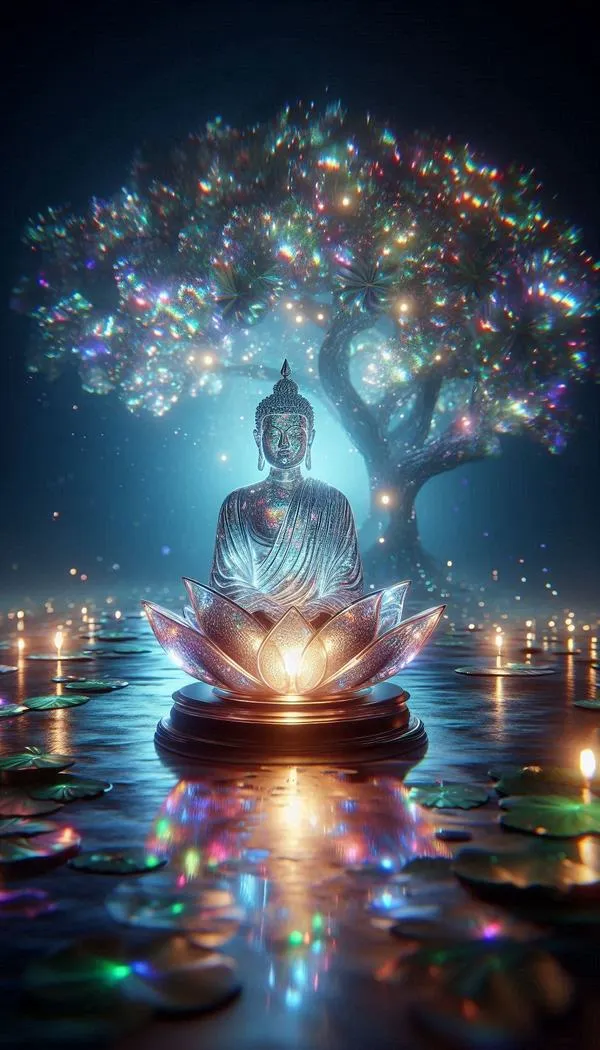 Ảnh nền sen phát sáng dưới tán cây lung linh, mặt nước phản chiếu, tạo năng lượng bình an.