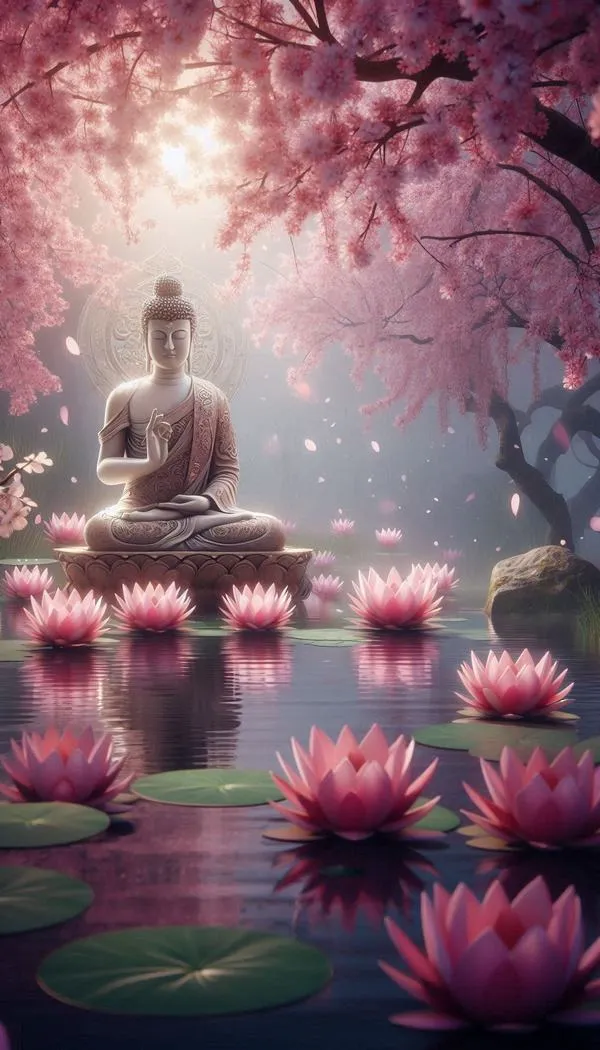 Wallpaper Địa Tạng Vương Bồ Tát bên sen hồng, sắc nâu trầm, ánh đèn như nến thiền ấm.