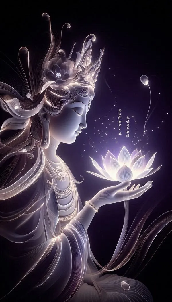 Ảnh màn hình chờ Đại Thế Chí Bồ Tát, hào quang mảnh, sen trắng tinh, bố cục đối xứng.