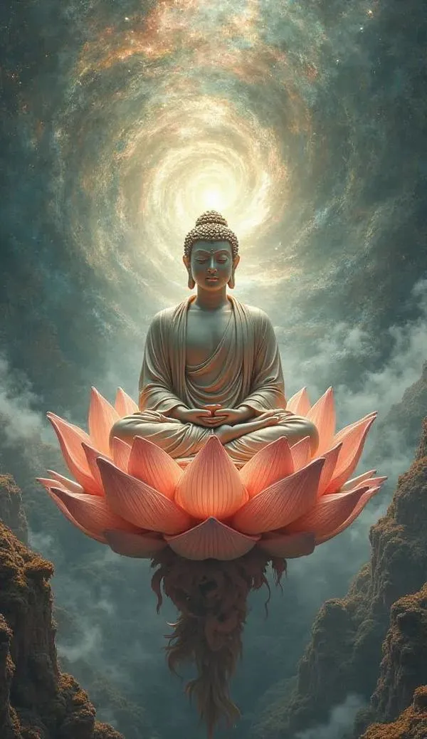 Hình nền điện thoại tượng Phật và chuông chùa mờ xa, hồ sen yên, tiếng tĩnh lặng như hiện.