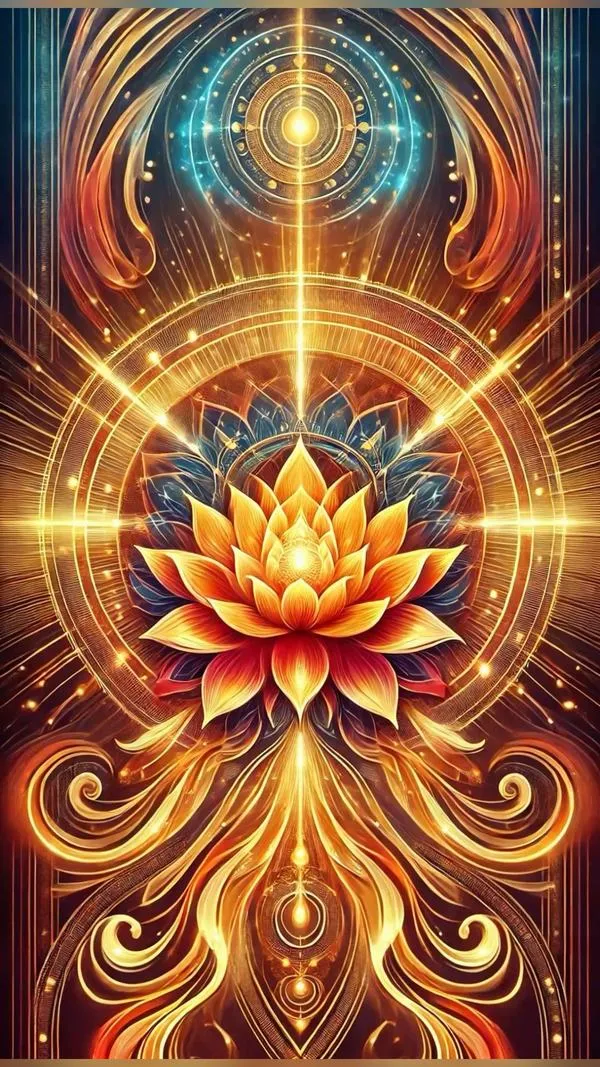 Wallpaper sen thiền mandala vàng cam đối xứng, nét sáng nổi bật, tạo cảm giác an trú.